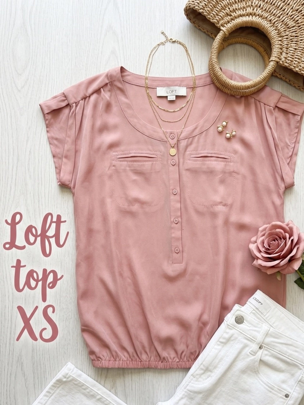 LOFT Dusty Rose Cap-Sleeve Henley Blouse